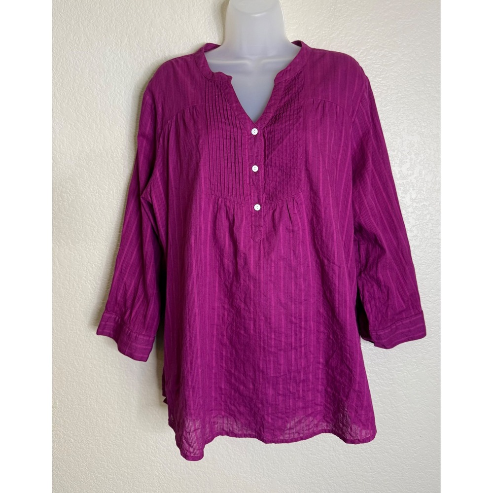 Vermont Country Store 2X Tunic Top Magenta Cotton Pintuck 3/4 Sleeve Blouse
